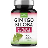 VROODY Extracto de Ginkgo Biloba Vegano, alta dosis - con vitamina B12, ayuda a combatir la fatiga y el cansancio - 365 comprimidos pequeños fáciles de tomar
